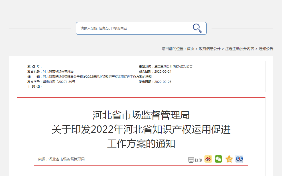 河北省市場監(jiān)督管理局關(guān)于印發(fā)2022年河北省知識產(chǎn)權(quán)運(yùn)用促進(jìn)工作方案的通知